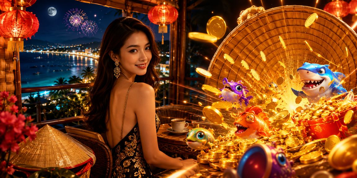 Người dùng tại Phú Quốc tham gia cá cược trực tuyến bên bờ biển với nón lá truyền thống