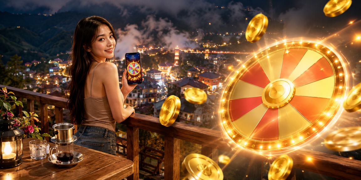 Người phụ nữ Việt Nam tại Sa Pa thưởng cà phê và trải nghiệm roulette trực tuyến trong không gian yên tĩnh